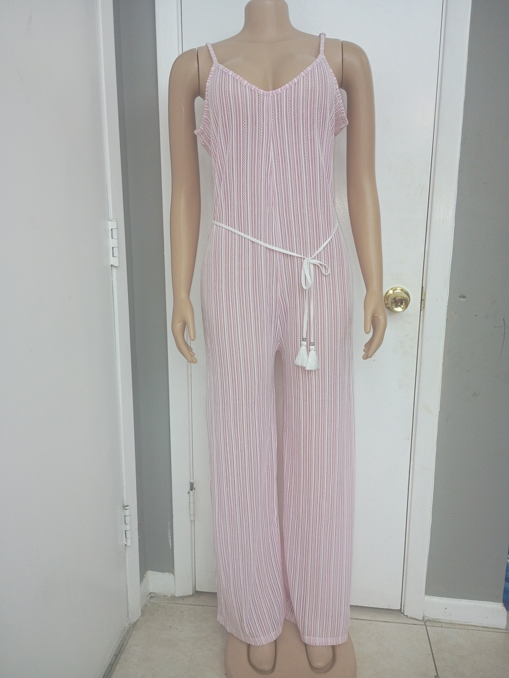 Light Pink Pleated Wide-Leg Jumpsuit with Removable Rope Belt - Picture 2 of 8